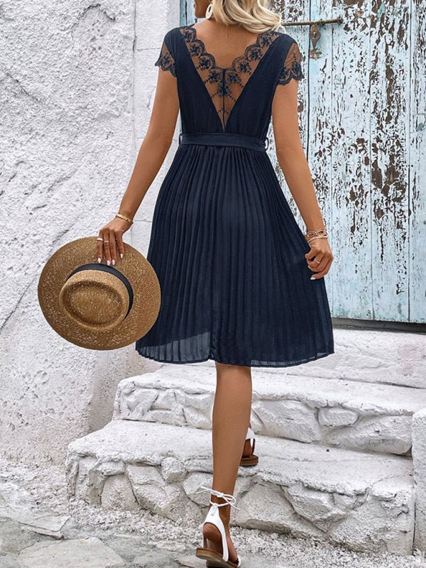 New women's lace stitching solid color pleated dress - Formal Dress