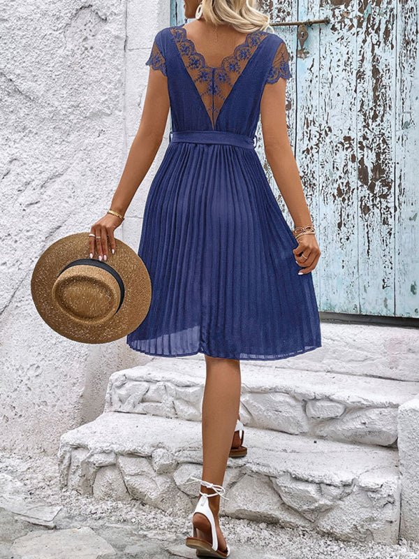 New women's lace stitching solid color pleated dress - Formal Dress