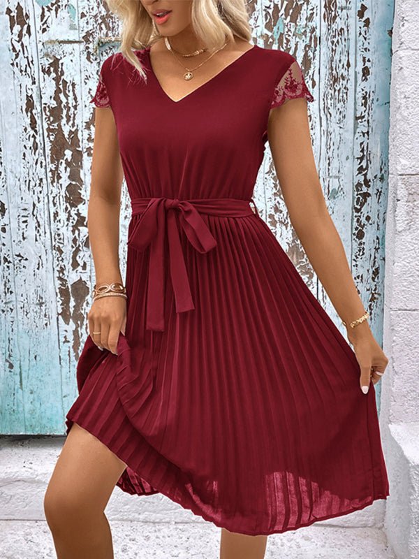 New women's lace stitching solid color pleated dress - Formal Dress