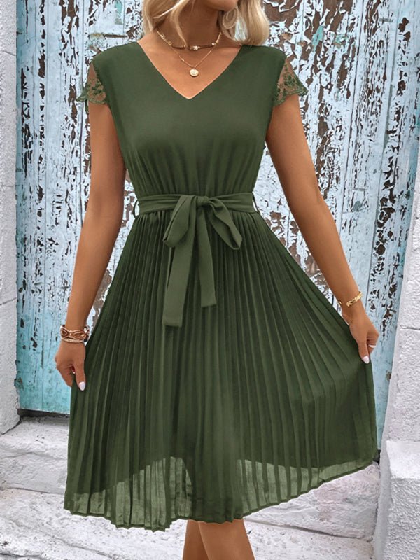 New women's lace stitching solid color pleated dress - Formal Dress
