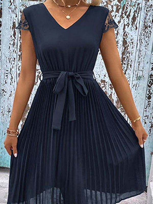New women's lace stitching solid color pleated dress - Formal Dress