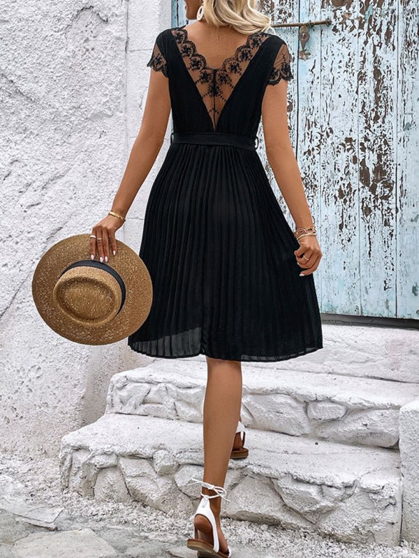 New women's lace stitching solid color pleated dress - Formal Dress