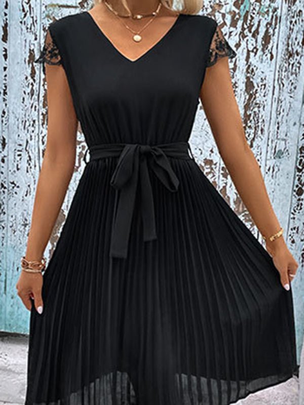 New women's lace stitching solid color pleated dress - Formal Dress