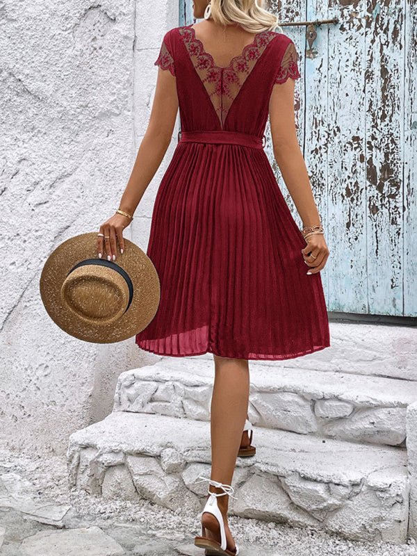 New women's lace stitching solid color pleated dress - Formal Dress