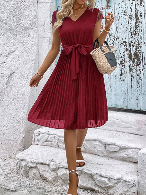 New women's lace stitching solid color pleated dress - Formal Dress