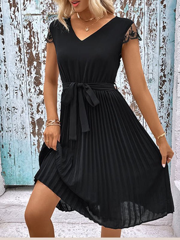 New women's lace stitching solid color pleated dress - Formal Dress