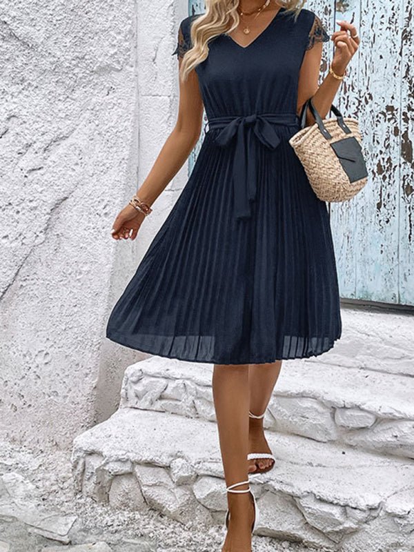 New women's lace stitching solid color pleated dress - Formal Dress