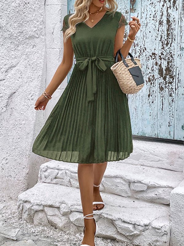 New women's lace stitching solid color pleated dress - Formal Dress