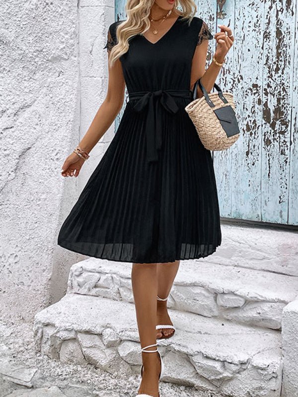 New women's lace stitching solid color pleated dress - Formal Dress