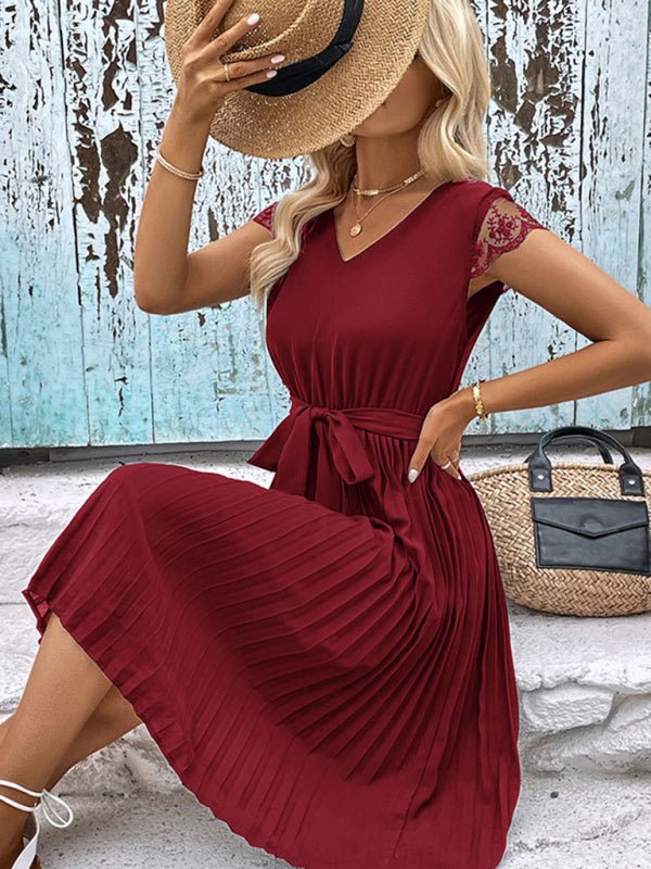 New women's lace stitching solid color pleated dress - Formal Dress