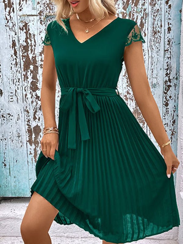 New women's lace stitching solid color pleated dress - Formal Dress
