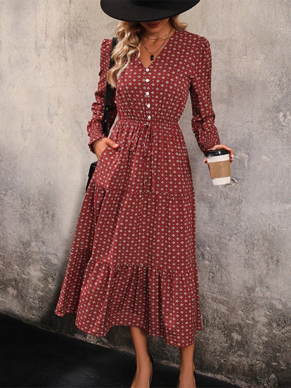 New women's long sleeve printed V - neck waist dress - Casual Dress