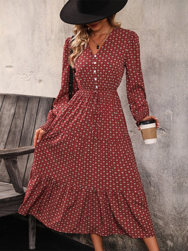 New women's long sleeve printed V - neck waist dress - Casual Dress