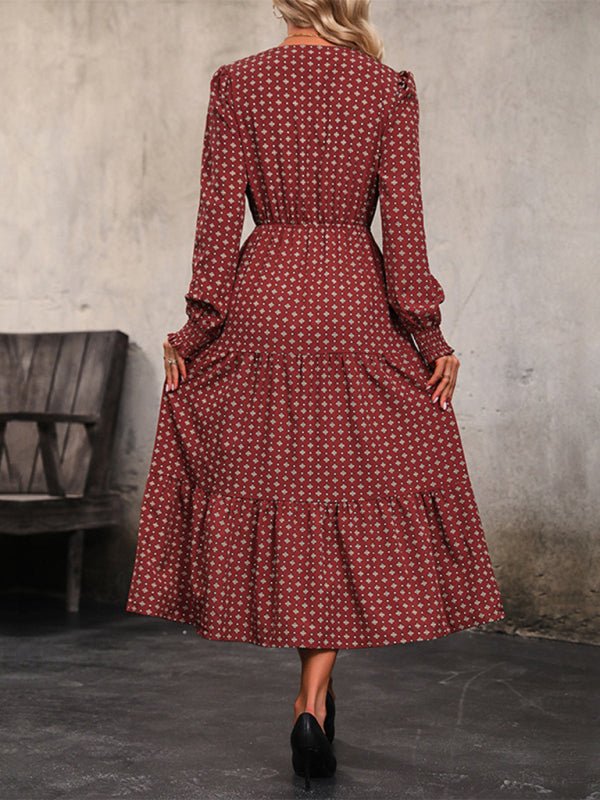 New women's long sleeve printed V - neck waist dress - Casual Dress