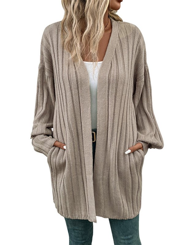 New women's long sleeve solid color cardigan sweater - Outerwear