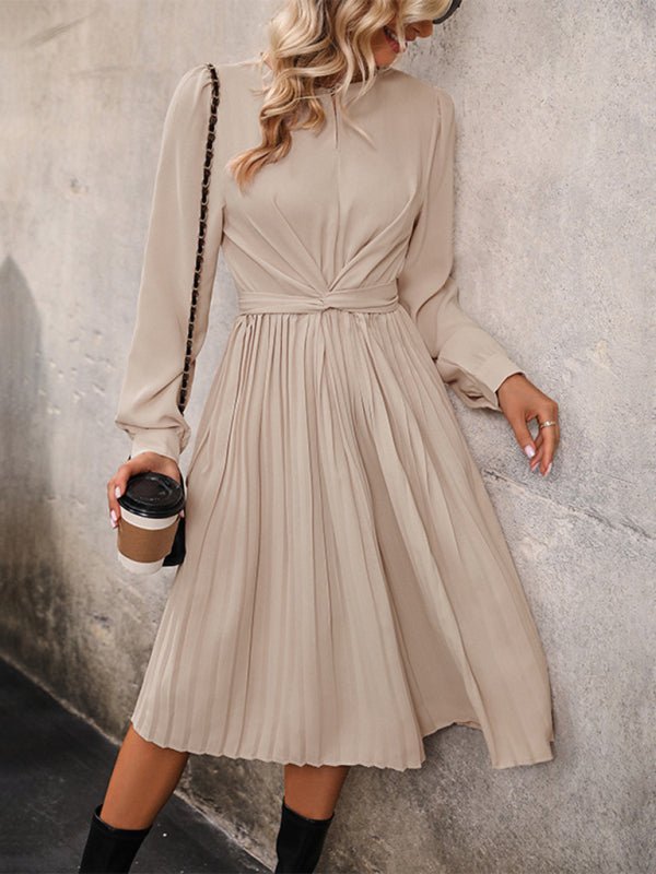 New women's long sleeve solid color pleated waist dress - Formal Dress