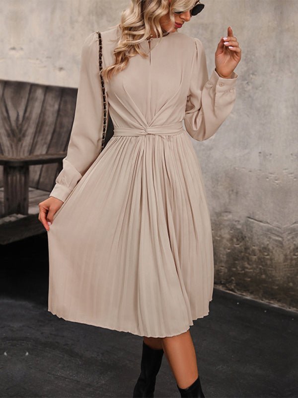 New women's long sleeve solid color pleated waist dress - Formal Dress