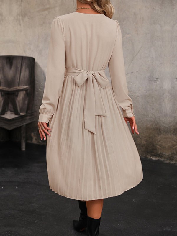 New women's long sleeve solid color pleated waist dress - Formal Dress