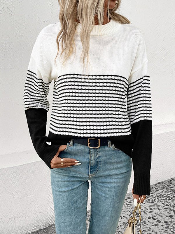 New Women's Long Sleeve Striped Contrast Color Pullover Sweater - Outerwear