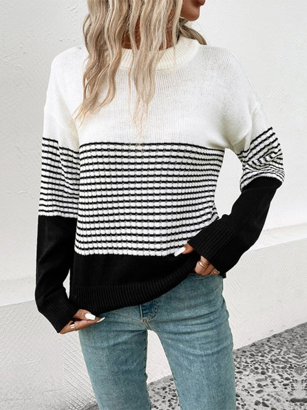New Women's Long Sleeve Striped Contrast Color Pullover Sweater - Outerwear