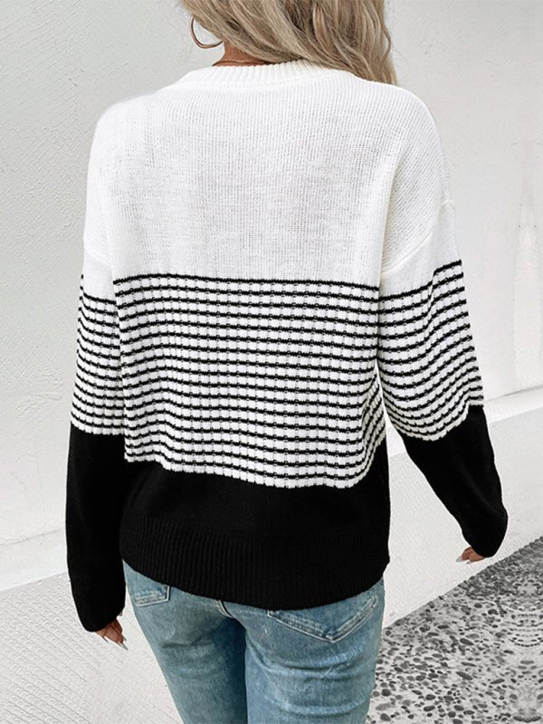 New Women's Long Sleeve Striped Contrast Color Pullover Sweater - Outerwear