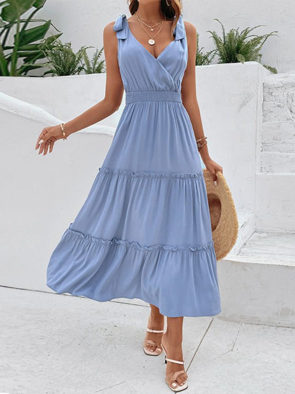 New women's new solid color suspender high waist dress - Vacation Dress