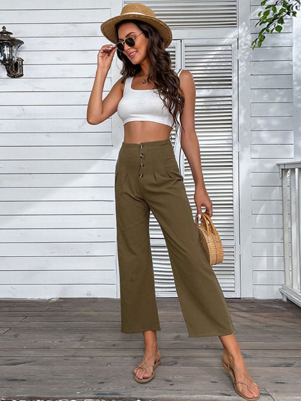 New women's nine - point pants high - waisted cotton and linen slim - fit micro - flared pants - Bottoms