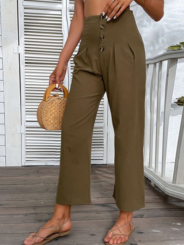 New women's nine - point pants high - waisted cotton and linen slim - fit micro - flared pants - Bottoms