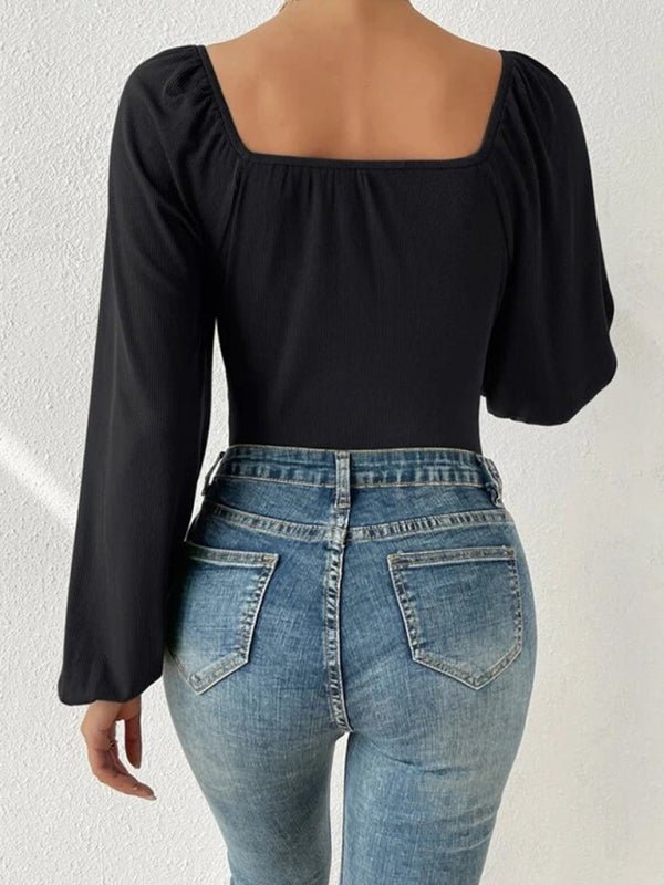 New women's sexy square neck long - sleeved jumpsuit - Jumpsuit