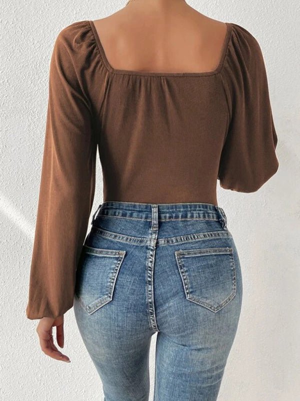 New women's sexy square neck long - sleeved jumpsuit - Jumpsuit