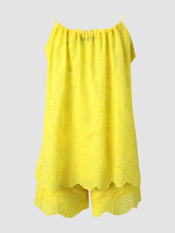 New women's sleeveless drawstring ruffled hollow camisole embroidered shorts suit - Short Suit