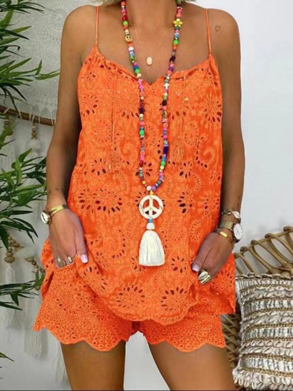 New women's sleeveless drawstring ruffled hollow camisole embroidered shorts suit - Short Suit