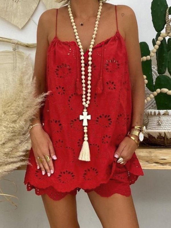 New women's sleeveless drawstring ruffled hollow camisole embroidered shorts suit - Short Suit