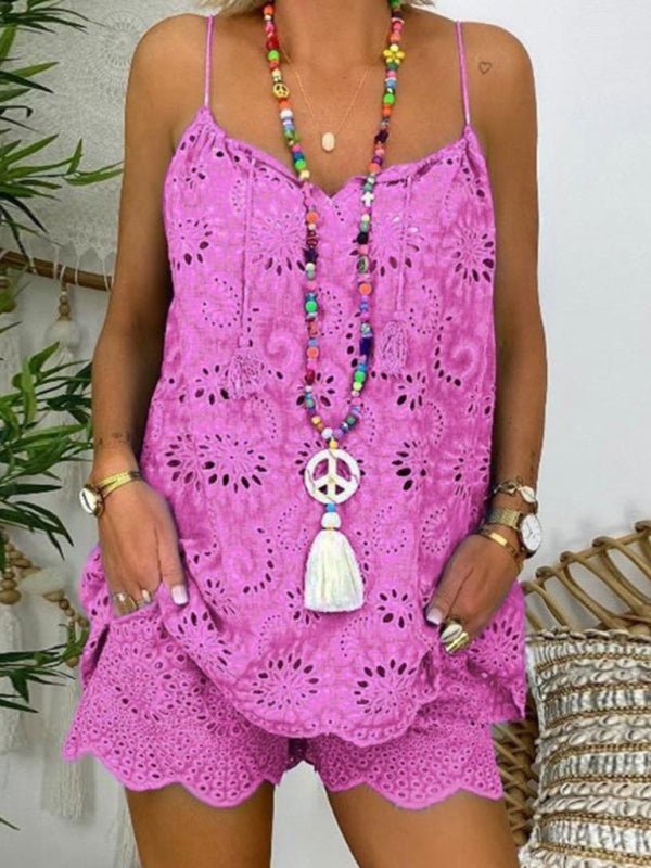 New women's sleeveless drawstring ruffled hollow camisole embroidered shorts suit - Short Suit