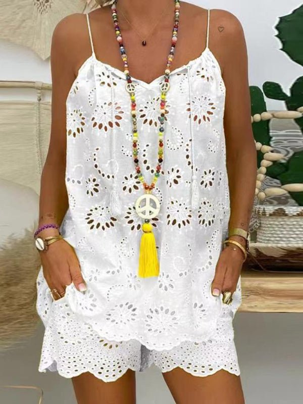 New women's sleeveless drawstring ruffled hollow camisole embroidered shorts suit - Short Suit