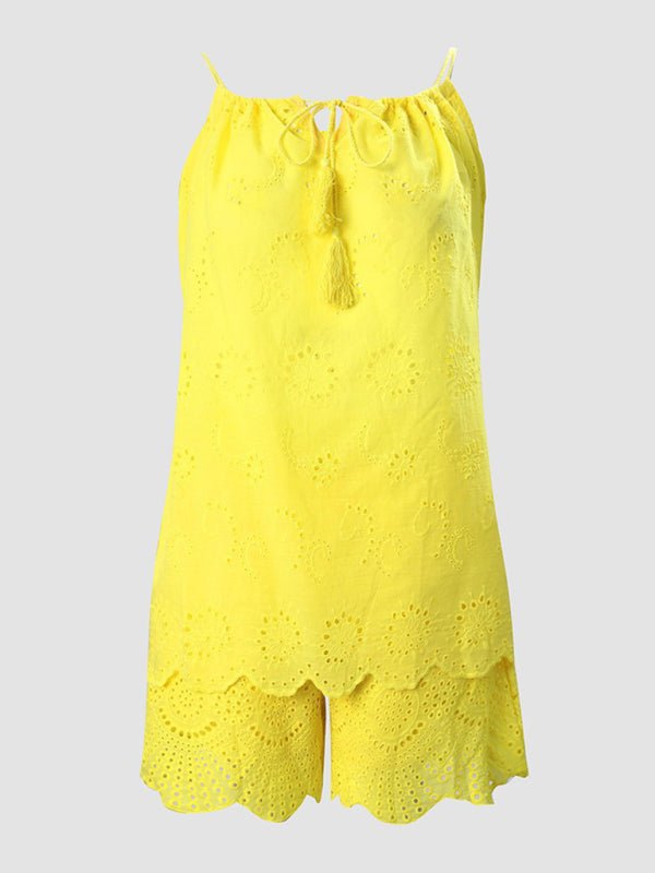 New women's sleeveless drawstring ruffled hollow camisole embroidered shorts suit - Short Suit