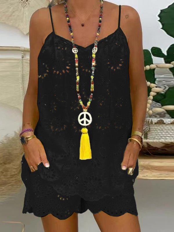 New women's sleeveless drawstring ruffled hollow camisole embroidered shorts suit - Short Suit