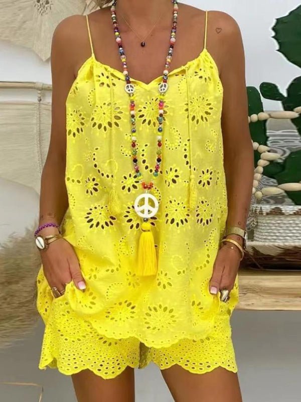 New women's sleeveless drawstring ruffled hollow camisole embroidered shorts suit - Short Suit
