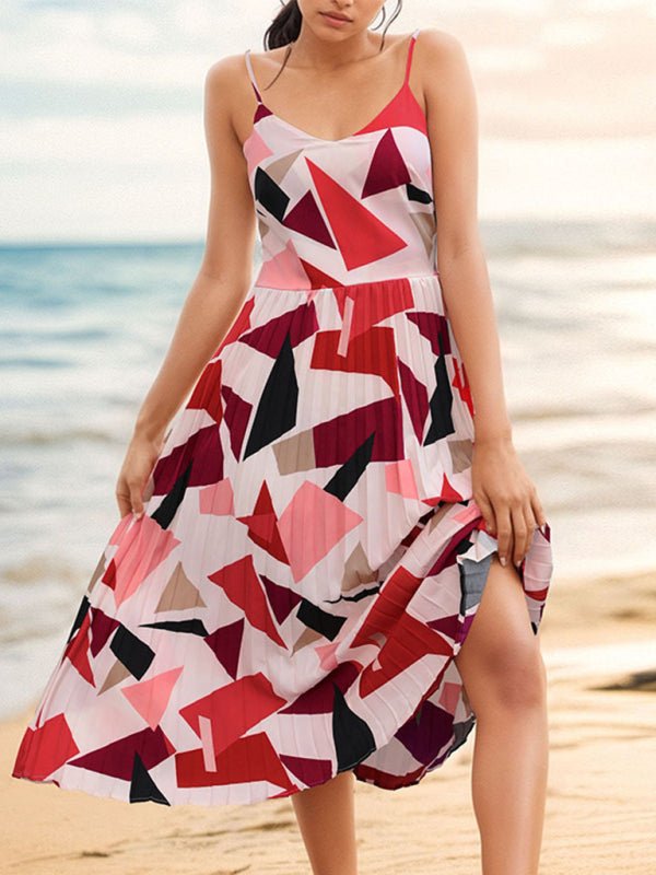 New Women's Sling Holiday Geometric Print A - Line Midi Dress - Day Dress