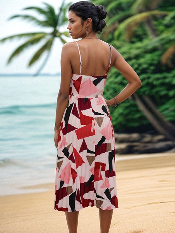 New Women's Sling Holiday Geometric Print A - Line Midi Dress - Day Dress