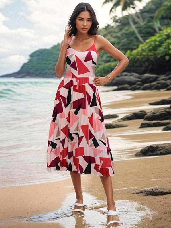New Women's Sling Holiday Geometric Print A - Line Midi Dress - Day Dress