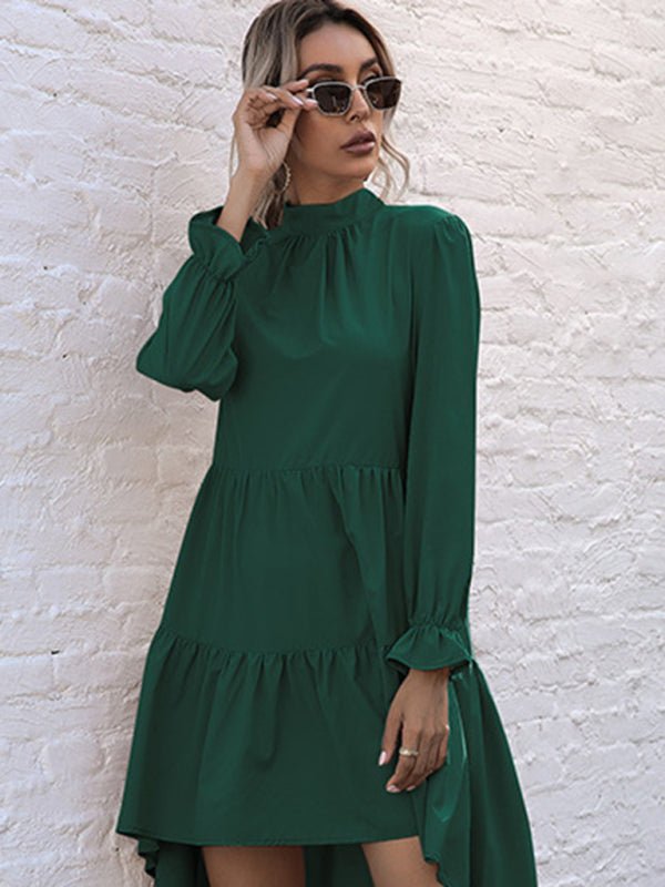 New women's solid color long sleeve irregular half turtleneck dress - Casual Dress