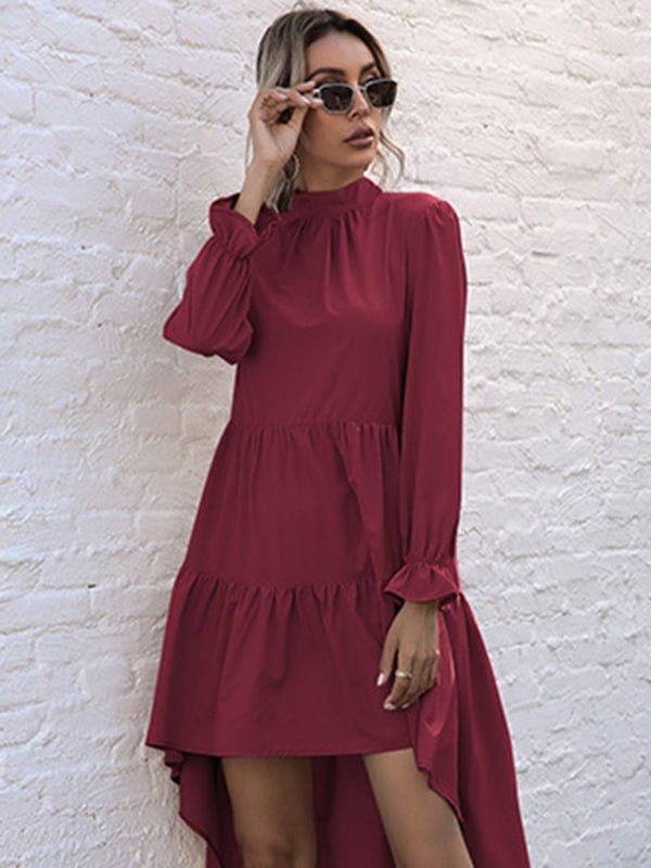 New women's solid color long sleeve irregular half turtleneck dress - Casual Dress