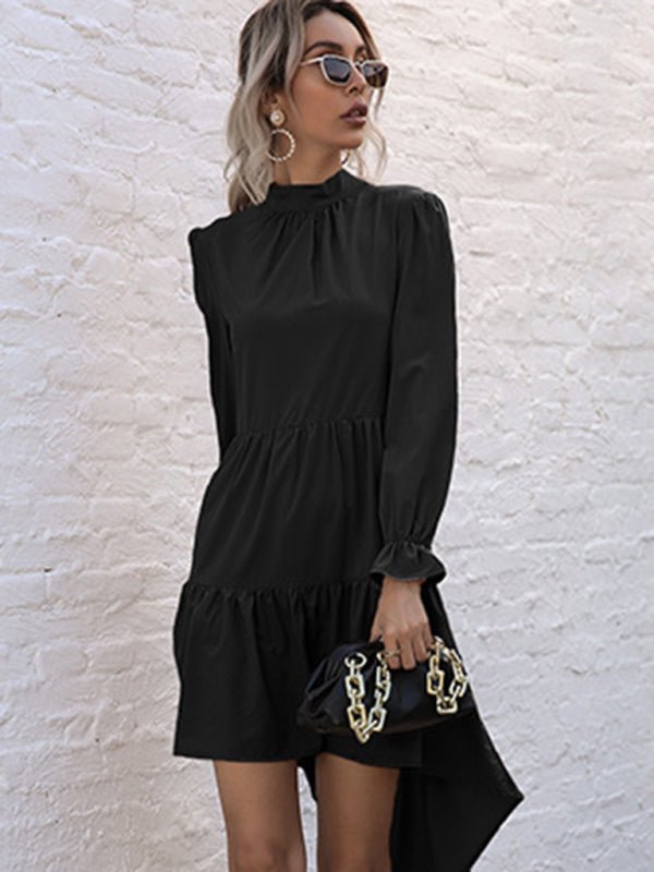 New women's solid color long sleeve irregular half turtleneck dress - Casual Dress