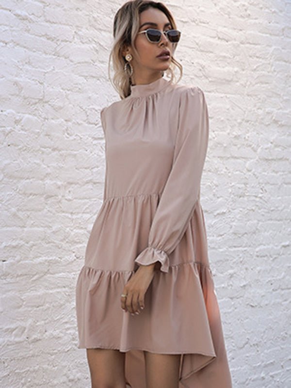 New women's solid color long sleeve irregular half turtleneck dress - Casual Dress
