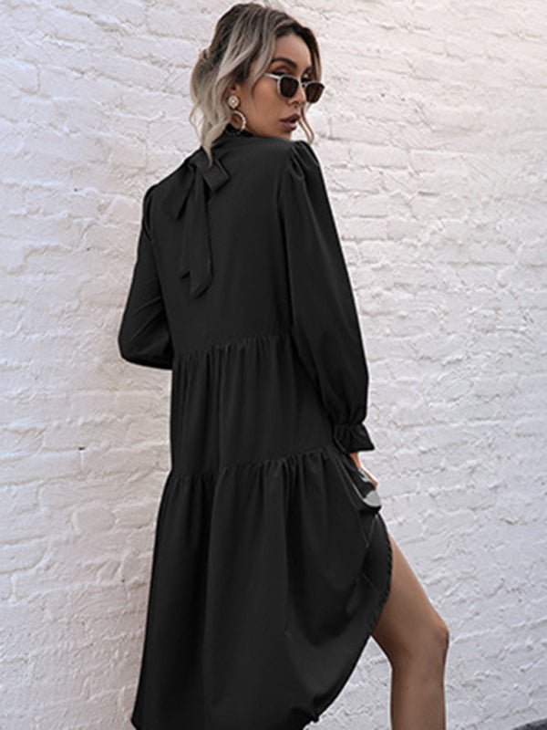 New women's solid color long sleeve irregular half turtleneck dress - Casual Dress
