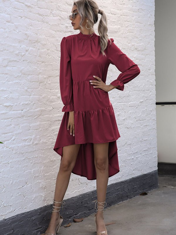 New women's solid color long sleeve irregular half turtleneck dress - Casual Dress
