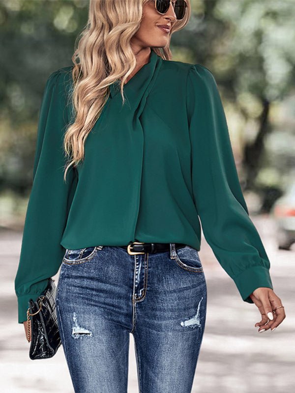 New women's solid color pullover long sleeve shirt - Top