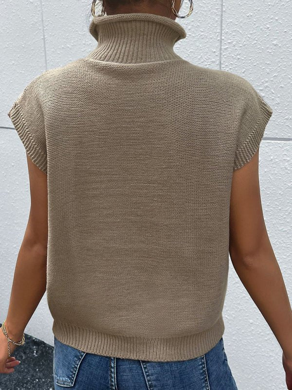 New women's solid color short sleeve turtleneck sweater - Outerwear