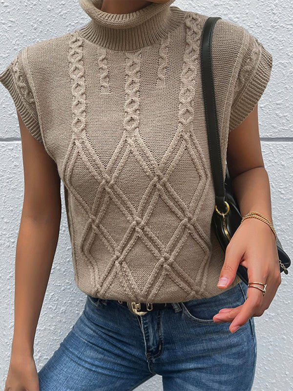 New women's solid color short sleeve turtleneck sweater - Outerwear